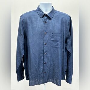 TED BAKER Navy blue linen long sleeve button‎ down shirt size 5/XL.